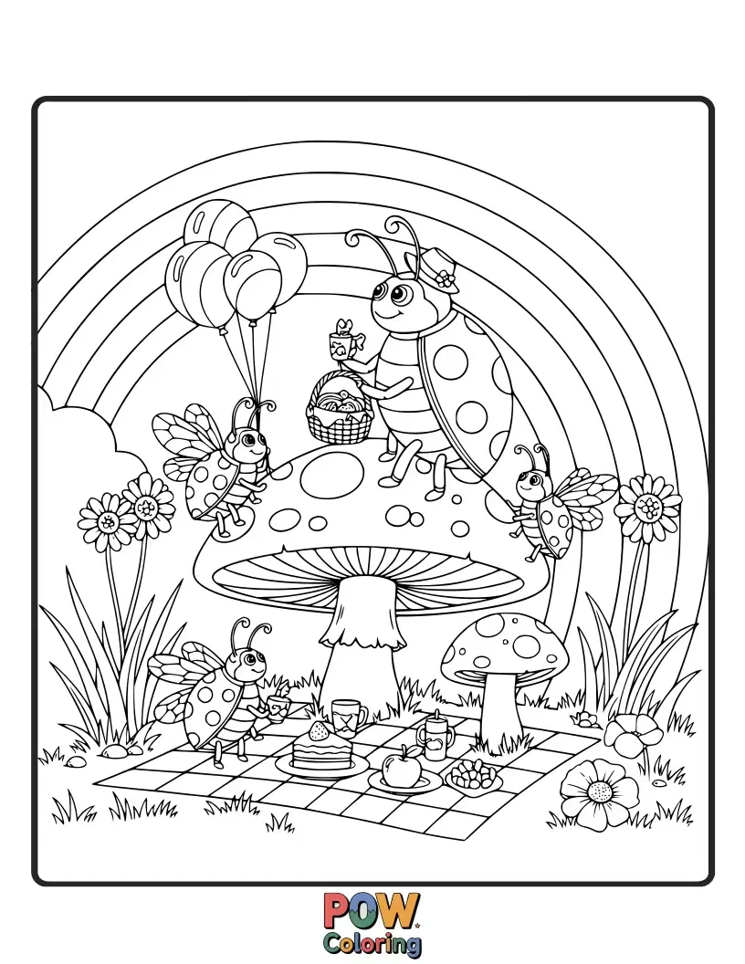 Free coloring page of A group of adorable ladybugs having a picnic under a giant rainbow leaf, enjoying colorful dewdrop treats. Sweet and delightful outdoor fun.