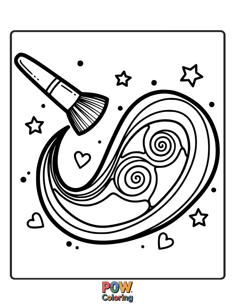 Free coloring page of A vibrant swirl of colors forming makeup essentials like lipstick and eyeliner. Let your creativity flow with this prismatic design.