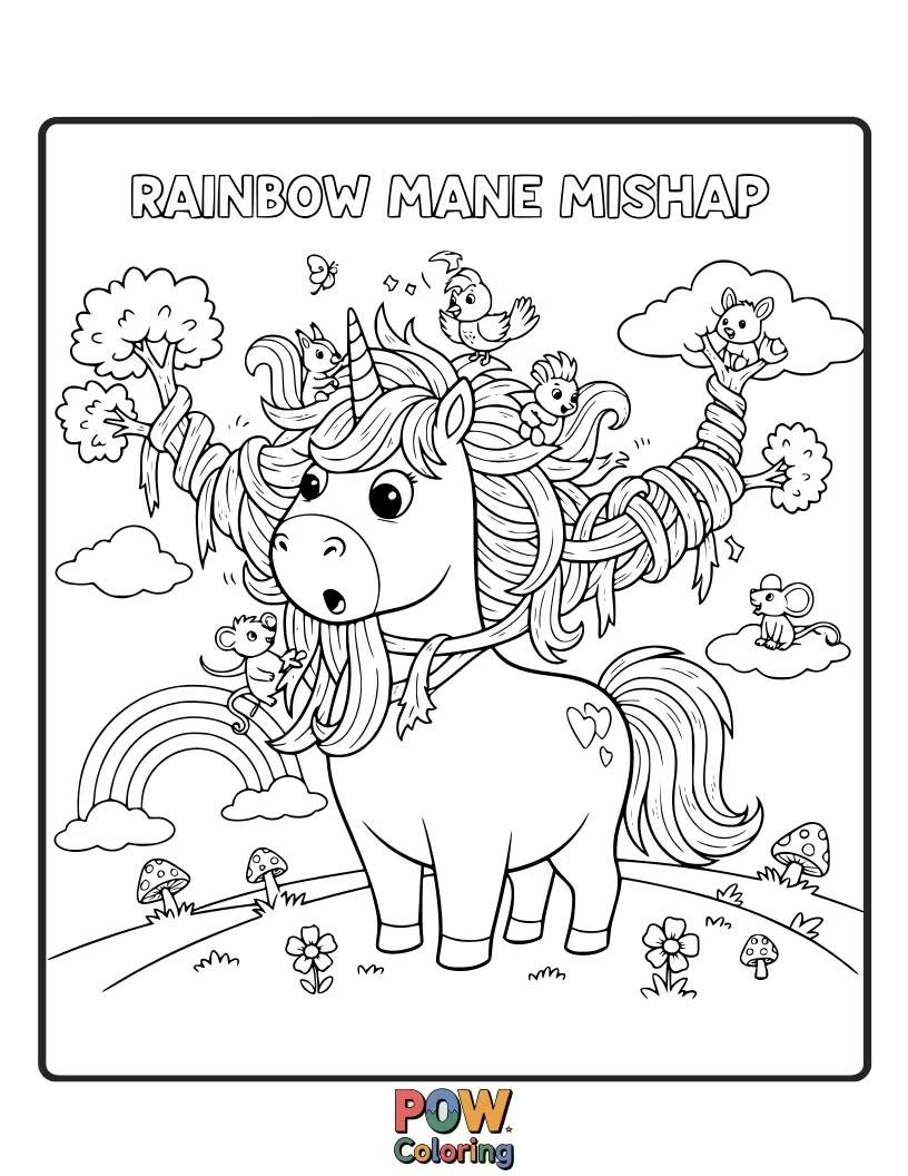 Free coloring page of A pony tangled in a vibrant rainbow, looking slightly bewildered but happy.