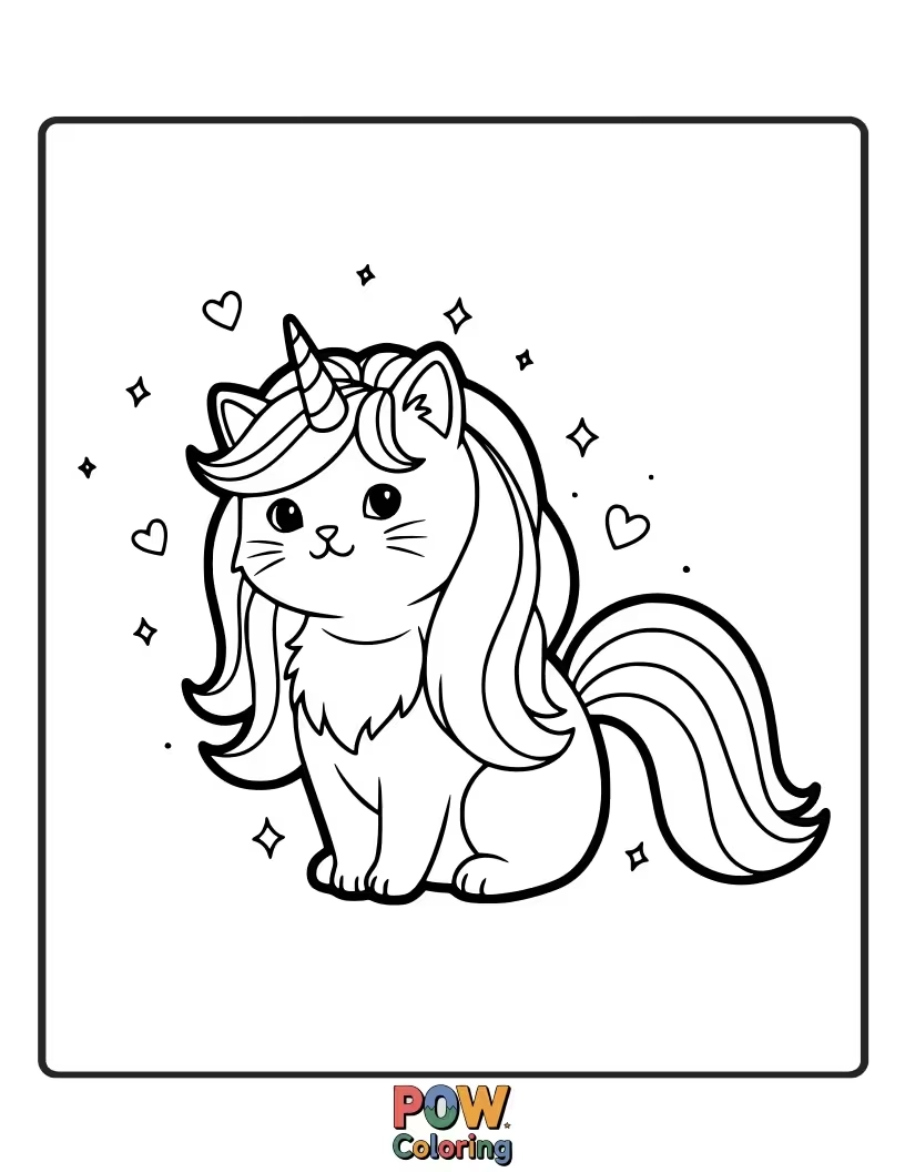 Free coloring page of A majestic unicorn cat with a flowing rainbow mane and tail, prancing across a vibrant, stylized rainbow bridge.