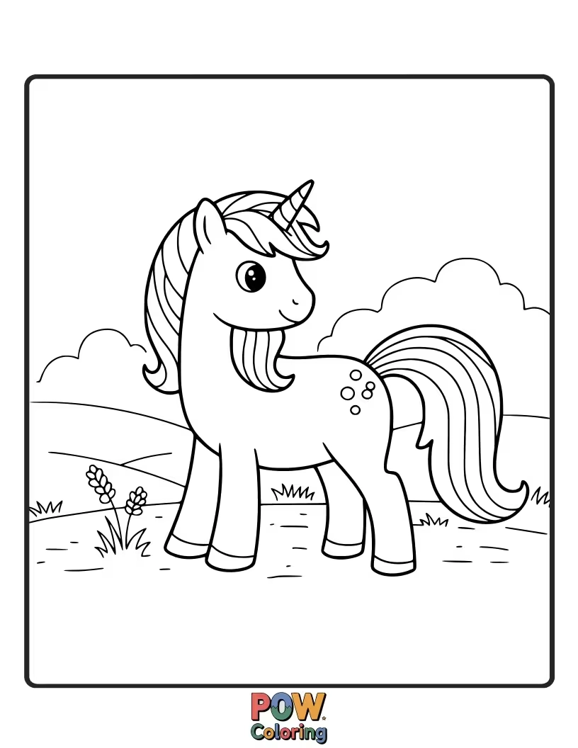 Free coloring page of Unicorn with a mane and tail flowing in a vibrant spectrum of rainbow colors.
