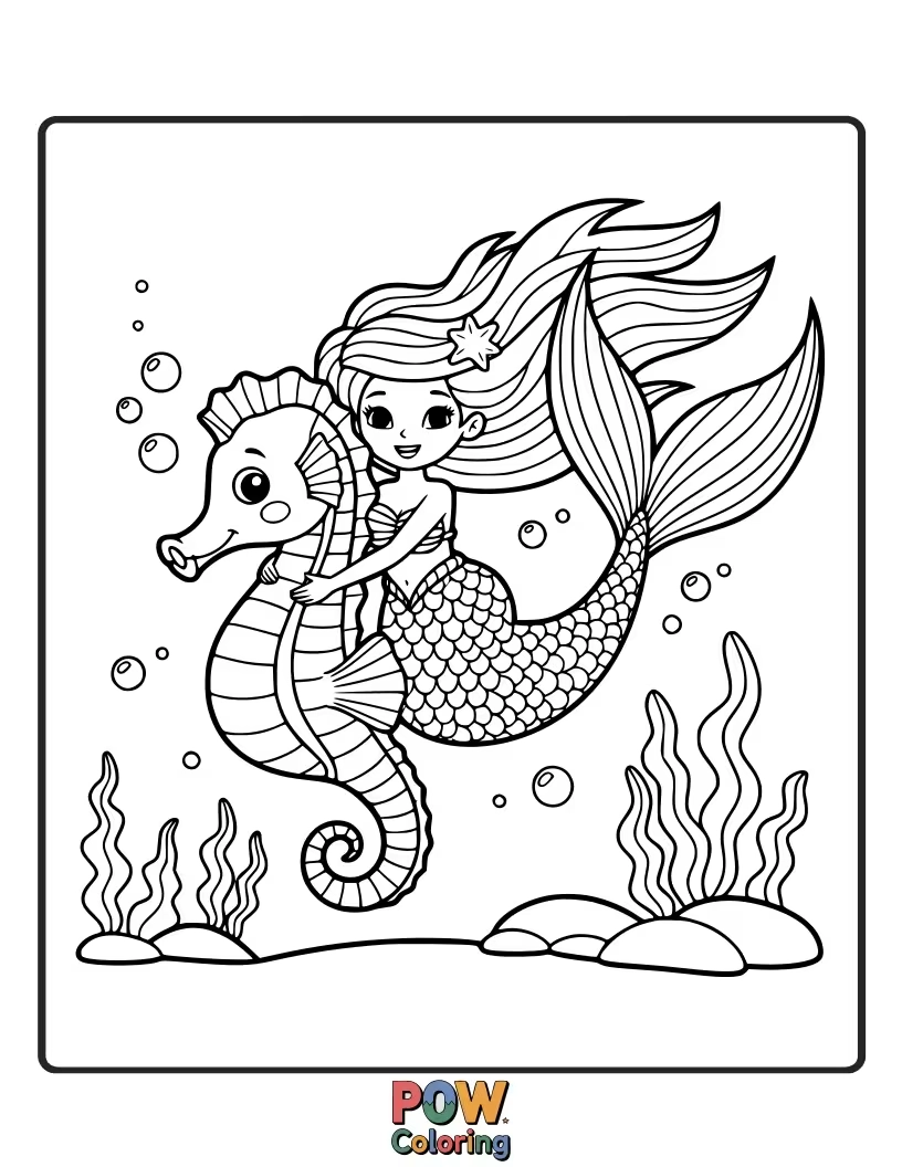 Free coloring page of A joyful mermaid gracefully riding a majestic seahorse adorned with a rainbow mane, splashing through shimmering waves.
