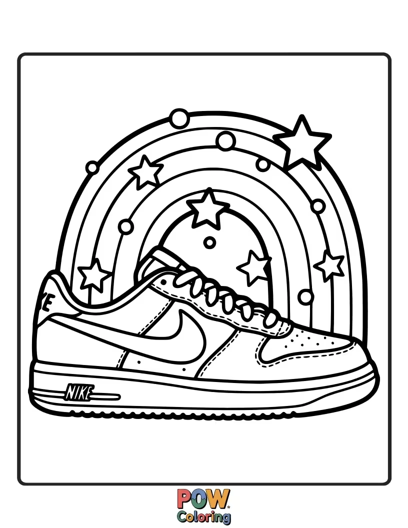 Free coloring page of A vibrant Nike shoe featuring a cascading rainbow trail and shimmering glitter accents for a touch of magic.