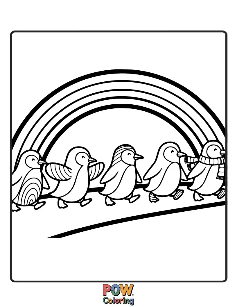 Free coloring page of A cheerful penguin wearing a tiny rainbow scarf, waddling happily with a rainbow trailing behind it. A cool and colorful friend.