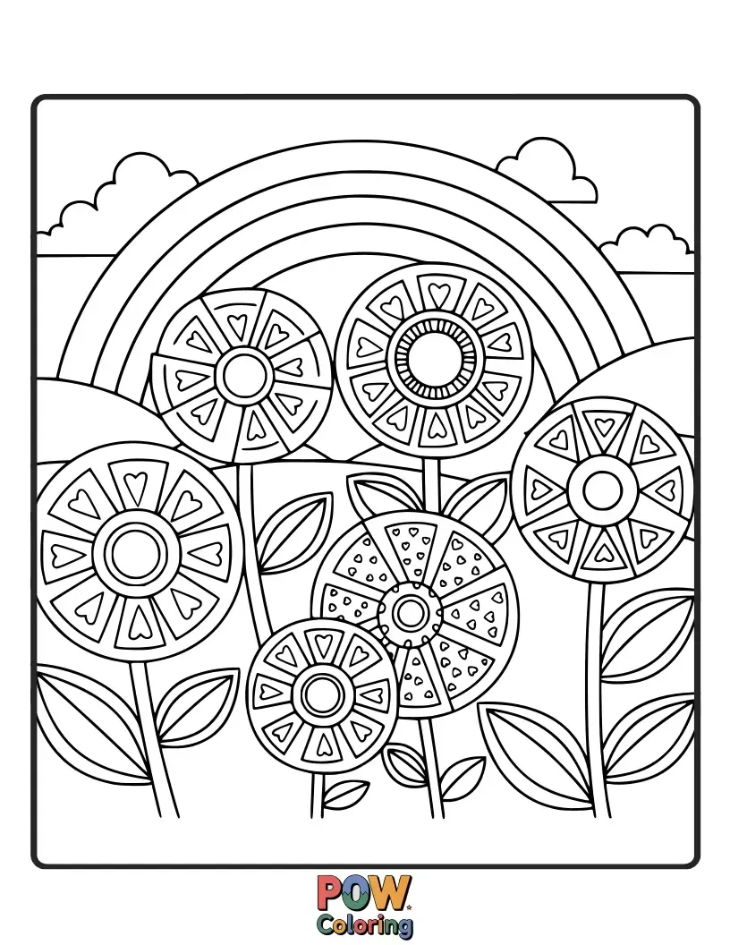 Free coloring page of Flowers with petals that form a vibrant rainbow arc, creating a cheerful and eye-catching spectacle in the garden.