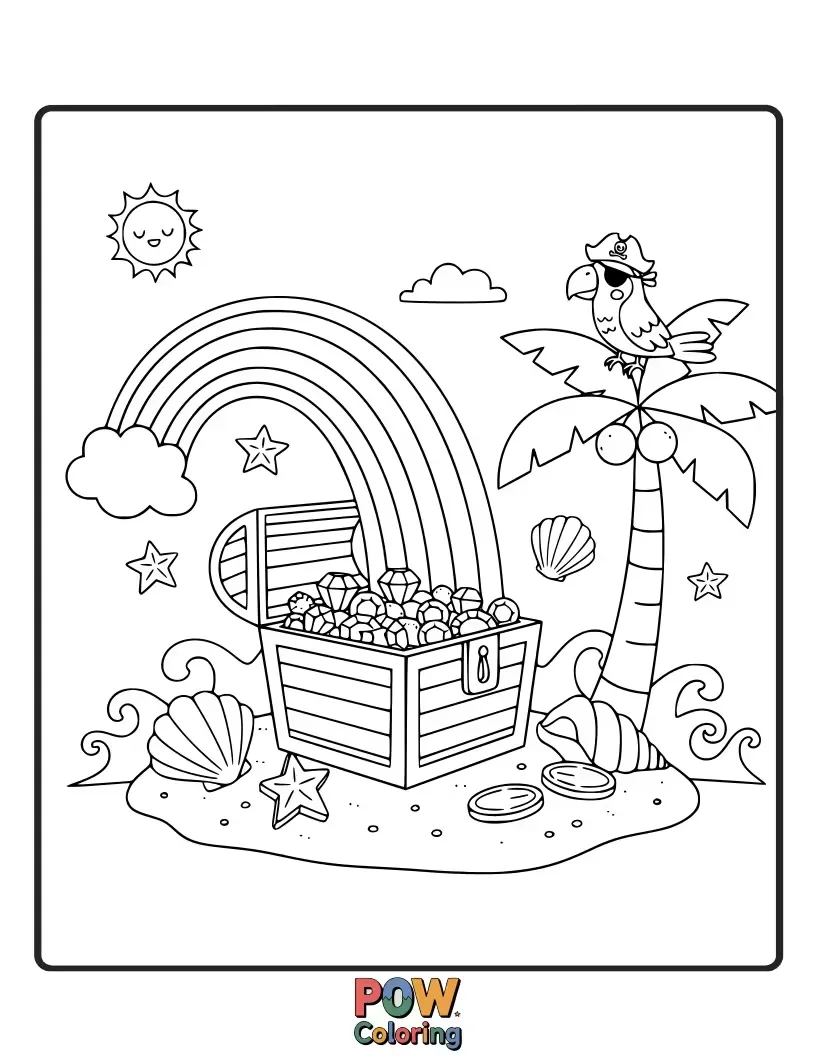 Free coloring page of A pirate chest overflowing with rainbow jewels and coins, guarded by a friendly parrot with rainbow feathers. Discover colorful riches!