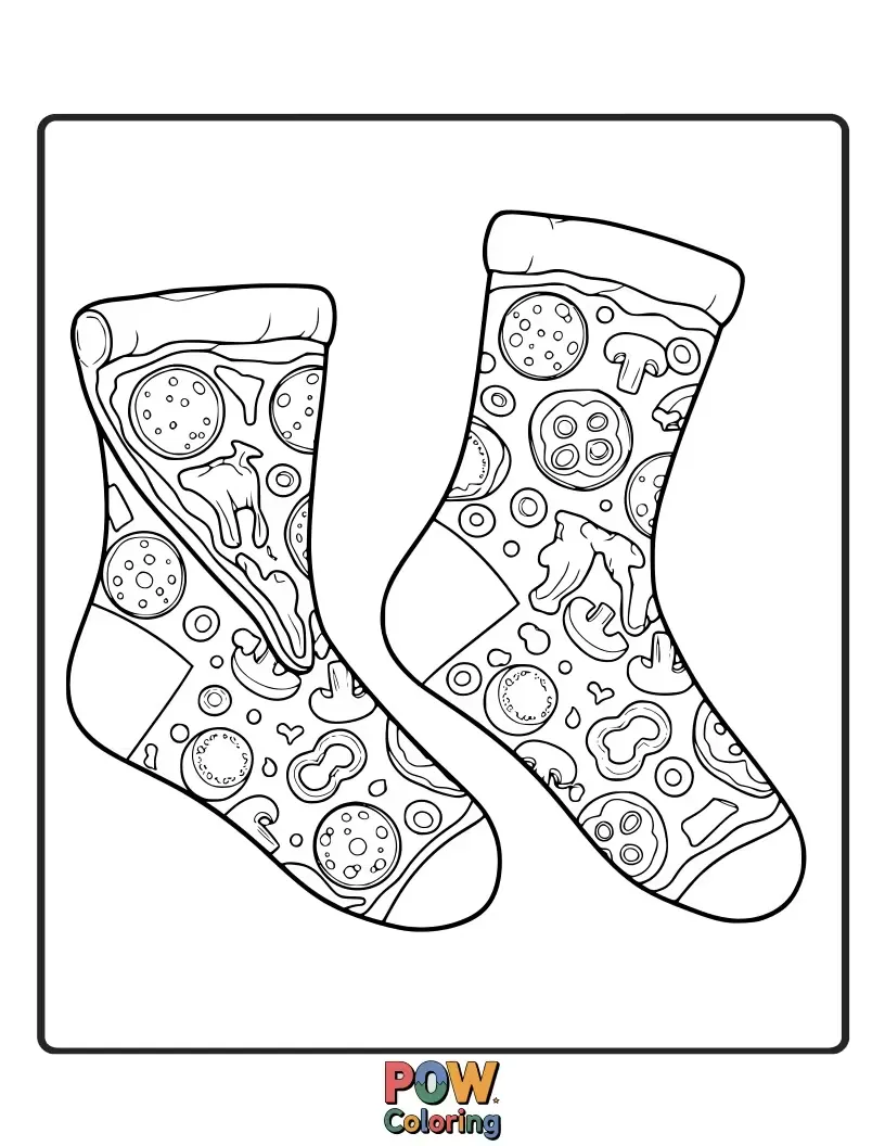 Free coloring page of A truly delicious design! These socks are topped with colorful pizza slices and a vibrant rainbow.
