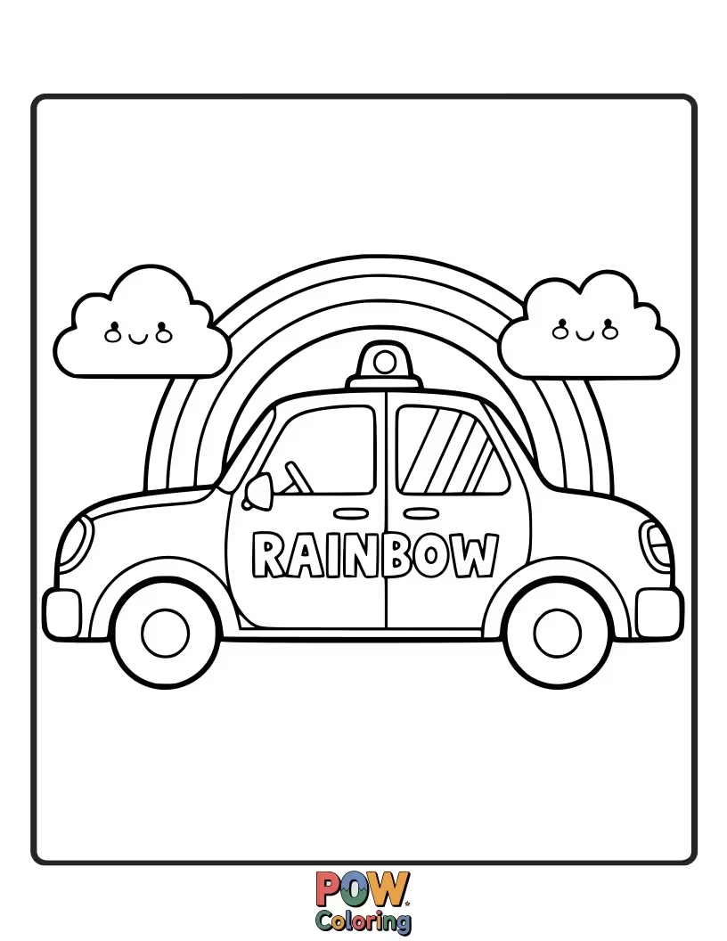 Free coloring page of Rainbow police car, spreading joy and order, a vibrant spectrum of color, making every day brighter.