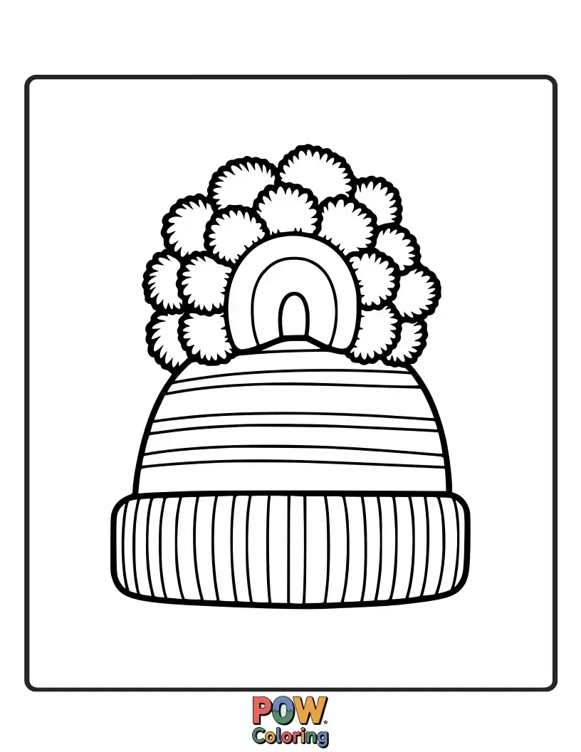 Free coloring page of A vibrant, fluffy beanie topped with a cascade of colorful pom-poms. Guaranteed to brighten any coloring session.