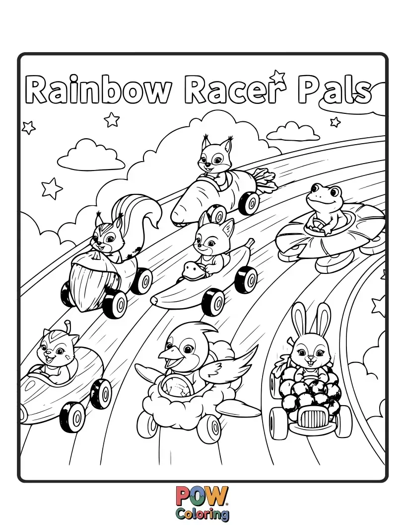 Free coloring page of A group of cheerful cars in vibrant rainbow colors, zooming along with big smiles and friendship.