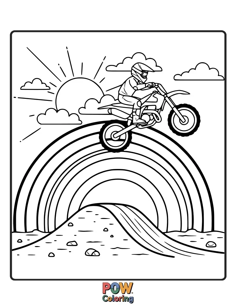 Free coloring page of A dirt bike leaving a vibrant rainbow trail as it speeds across a cheerful, cloud-filled sky.