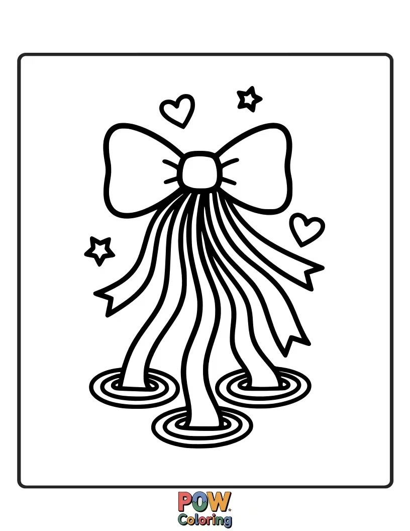 Free coloring page of A flowing bow in a spectrum of vibrant rainbow colors, designed with gentle wave-like patterns for a dynamic effect.
