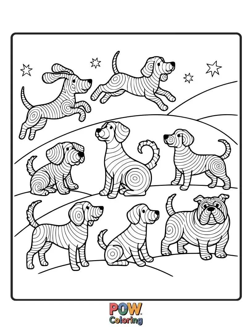 Free coloring page of Dogs created from flowing rainbow-colored ripples, their forms fluid and beautiful, offering a dynamic and colorful artistic challenge.