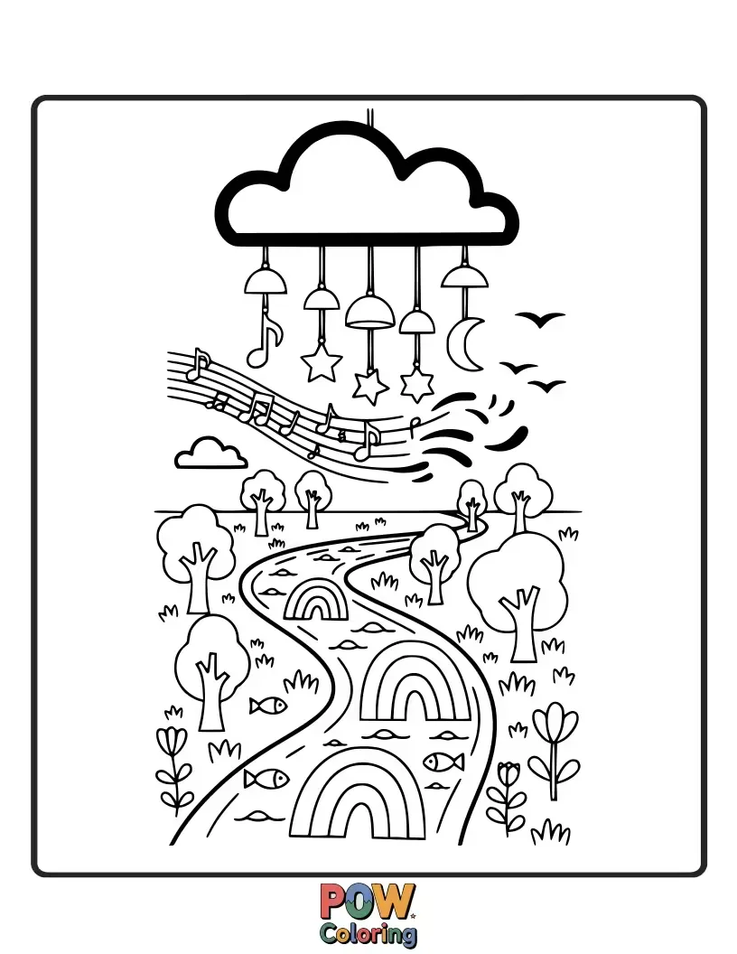 Free coloring page of Vibrant wind chimes strung along a sparkling rainbow river, adding color to the scene.