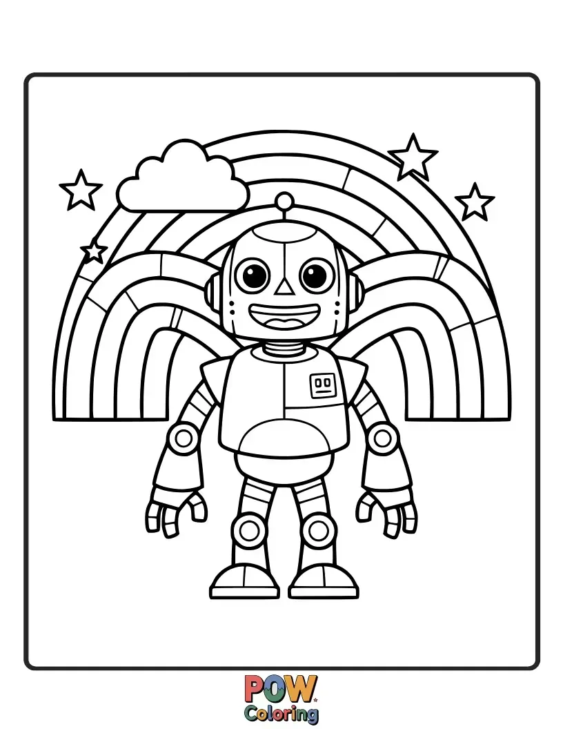 Free coloring page of A friendly, retro-style robot with rainbow circuits and a kind smile, holding a bouquet of rainbow flowers. A unique, sweet companion.