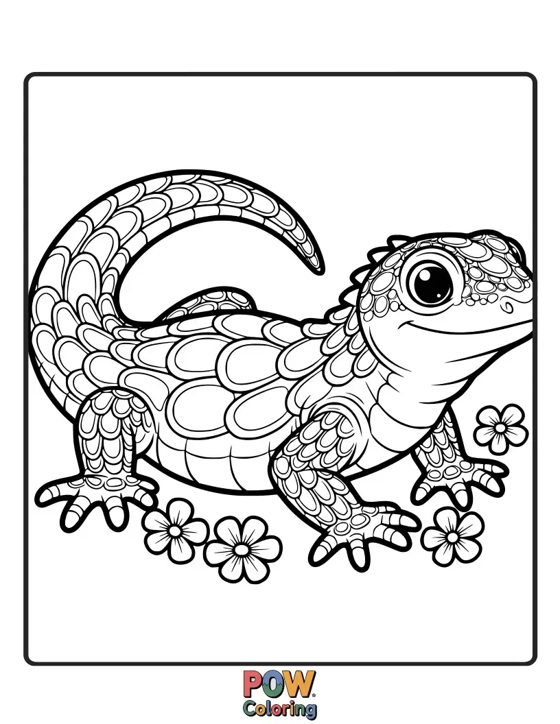 Free coloring page of A beautiful lizard with scales that shimmer in every color of the rainbow, a vibrant, cheerful creature.