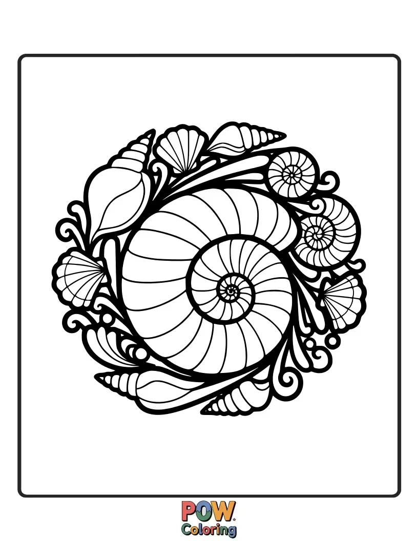 Free coloring page of A beautiful spiral seashell depicted in a vibrant, flowing rainbow pattern, waiting for colorful interpretations.