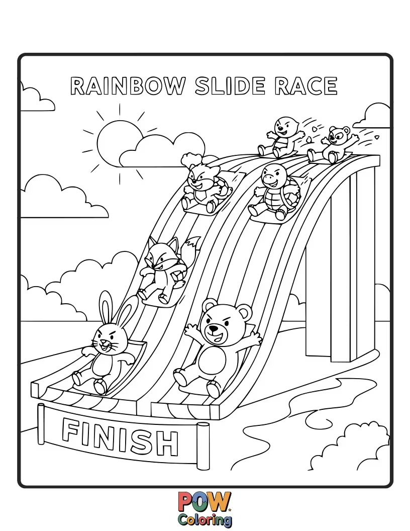 Free coloring page of Cute characters are gleefully sliding down a vibrant, magical rainbow in a thrilling race to the bottom.