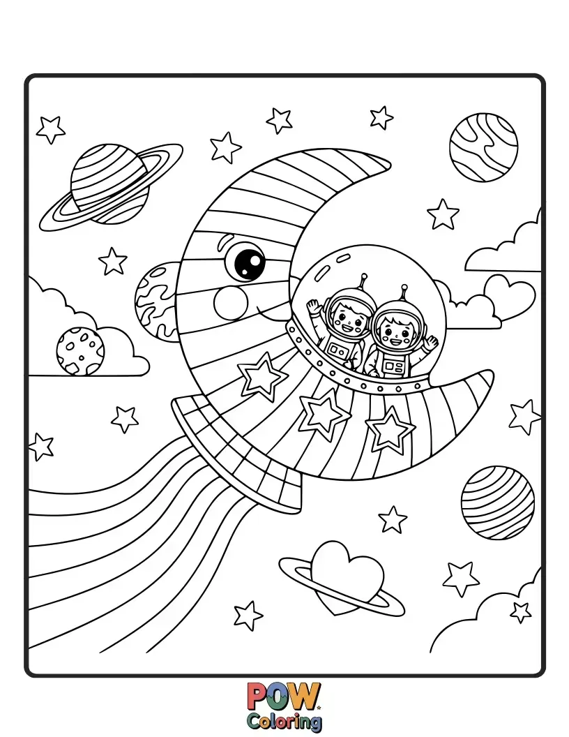 Free coloring page of A fun, retro spaceship with rainbow trails zipping through a galaxy filled with colorful planets and stars. Blast off on an interstellar adventure!
