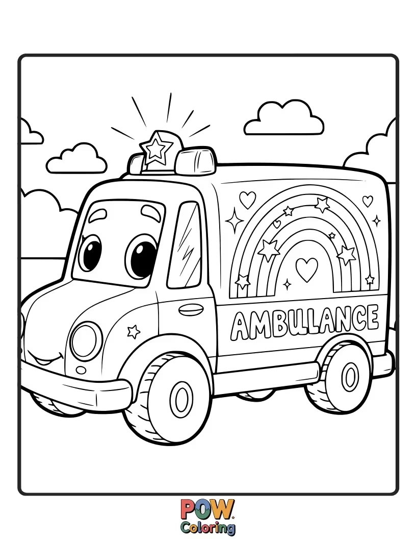 Free coloring page of A vibrant ambulance adorned with sparkling rainbow stripes, leaving a trail of glitter in its wake.