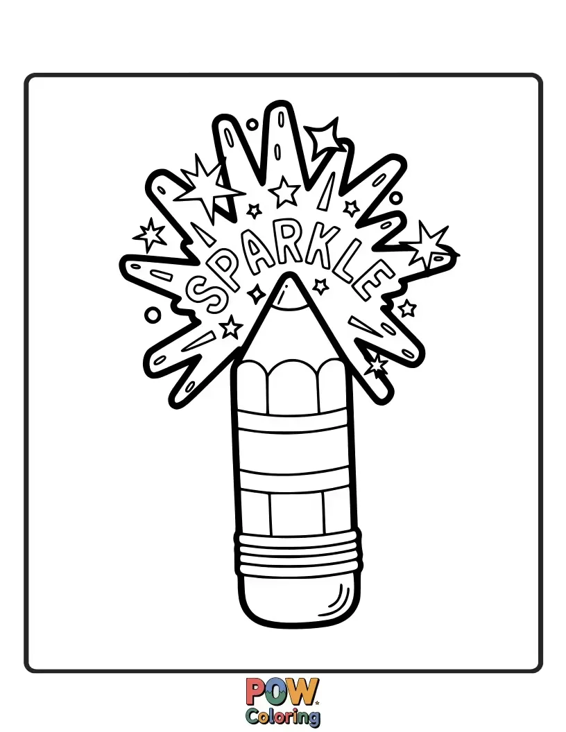 Free coloring page of A vibrant pencil adorned with a cascading rainbow and twinkling stars. Unleash your imagination with this magical coloring experience.