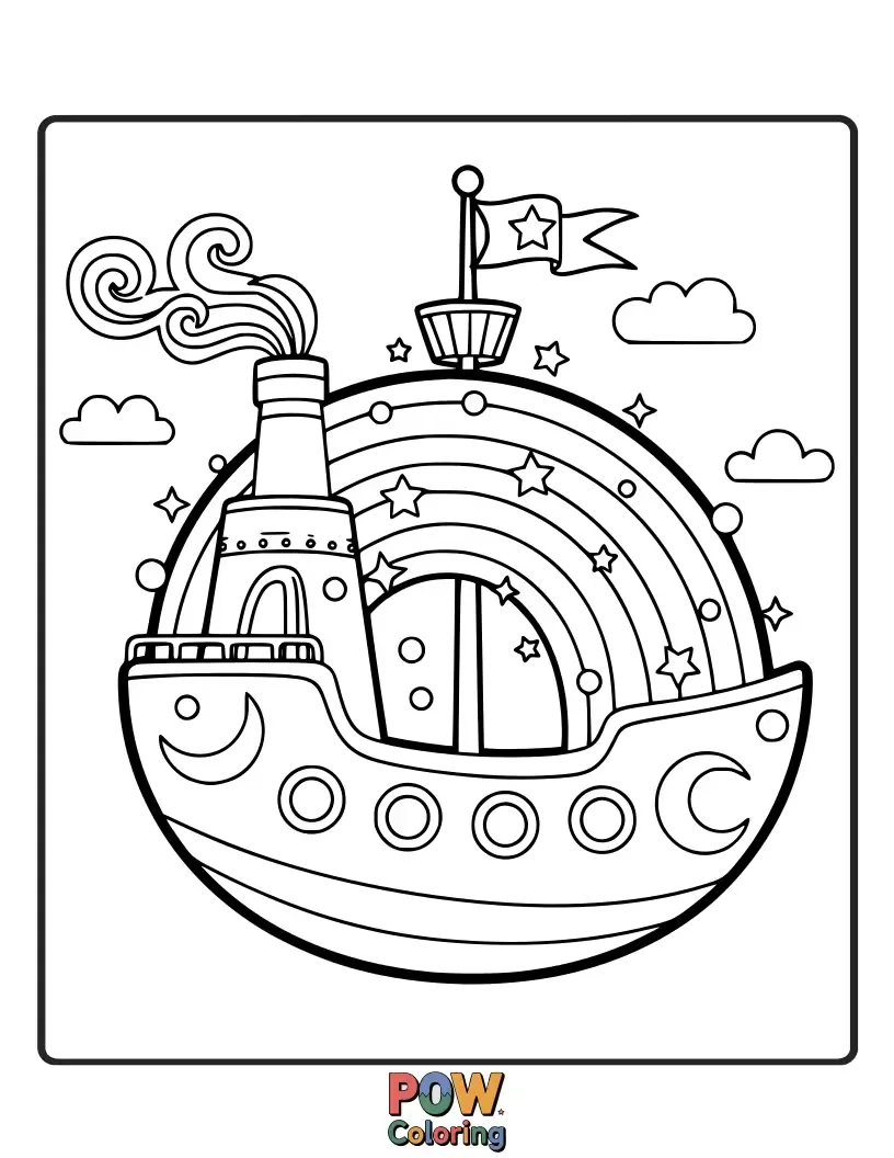 Free coloring page of A magical ship made of pure rainbow, leaving a trail of glitter as it sails on a shimmering sea.