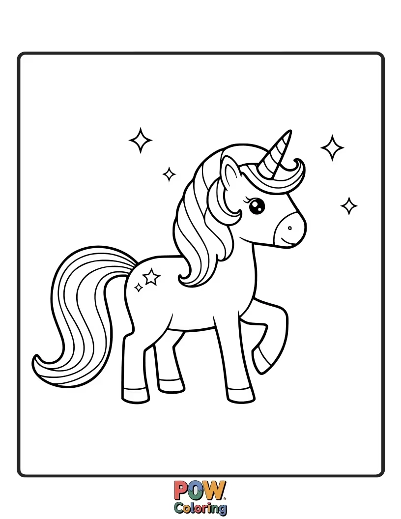 Free coloring page of Unicorn that leaves a trail of shimmering rainbow-colored sparkles with every step.