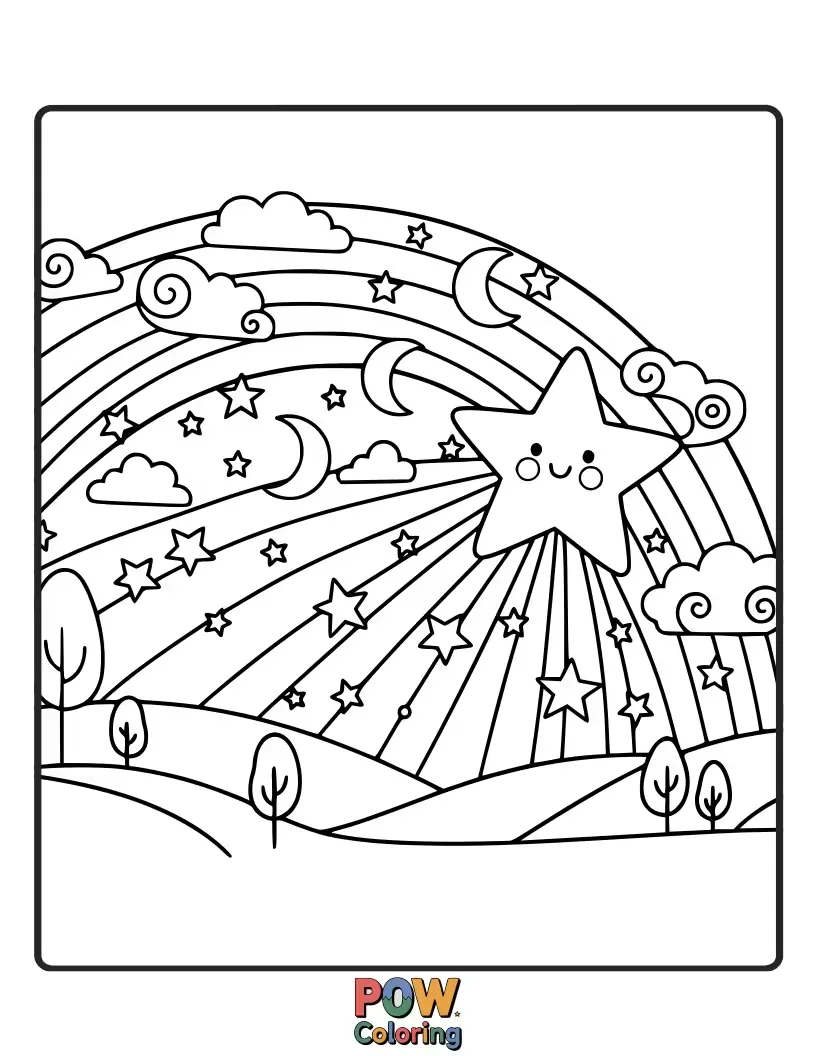Free coloring page of A whimsical night scene featuring stars and a crescent moon adorned with a gentle rainbow glow. Dreamy, magical, and full of wonder.