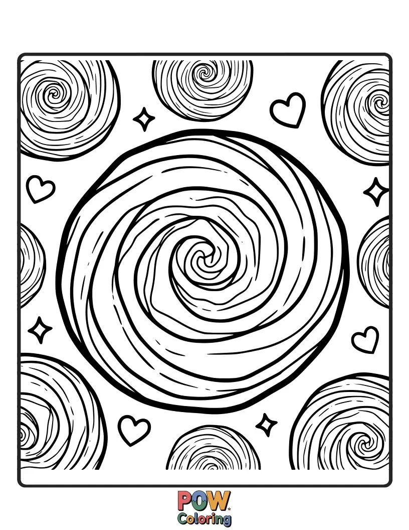 Free coloring page of Vibrant cookies decorated with colorful, spiraling frosting. A cheerful and artistic explosion of sweet, edible hues.