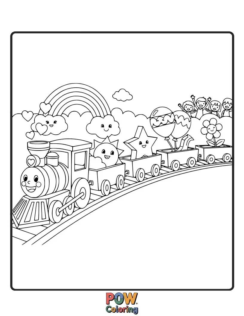 Free coloring page of A magnificent train bursting with all the colors of the rainbow, celebrating a joyous parade. Let your imagination be vibrant.