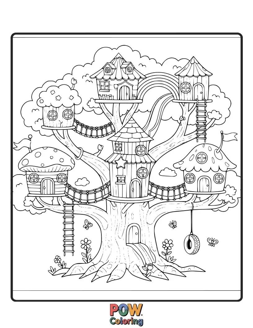Free coloring page of A cozy treehouse nestled in a giant, colorful tree, with a rainbow ladder leading up to its entrance. A perfect spot for imagination.