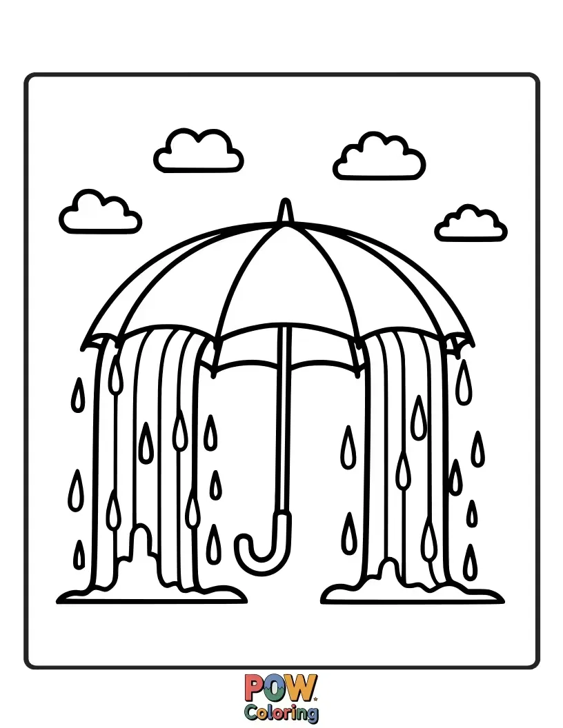 Free coloring page of A person happily splashing in puddles under a giant rainbow umbrella, with colorful raindrops falling. Embrace the joy of a vibrant downpour.