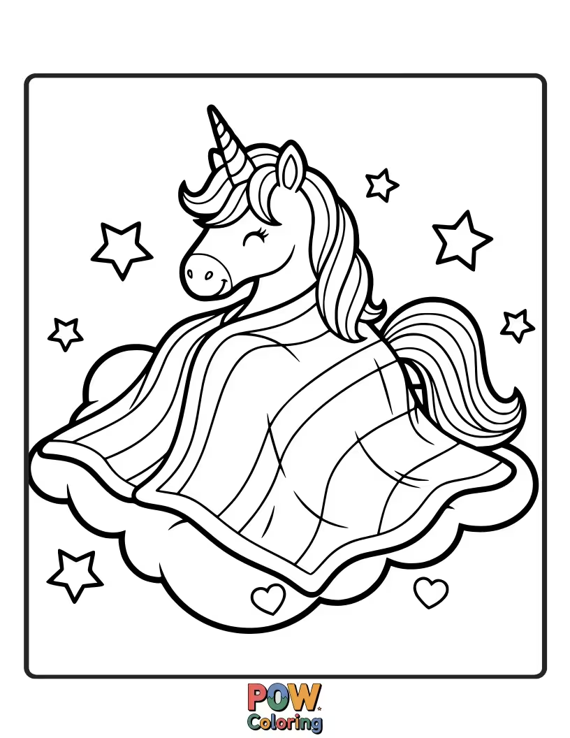 Free coloring page of A magical unicorn with a flowing mane, nestled within a rainbow-themed blanket.
