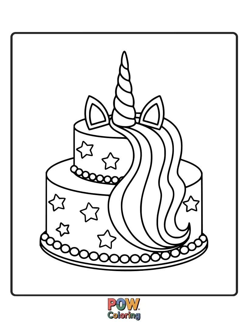 Free coloring page of Majestic unicorn cakes adorned with flowing rainbow manes and sparkling golden horns, a true fantasy treat.