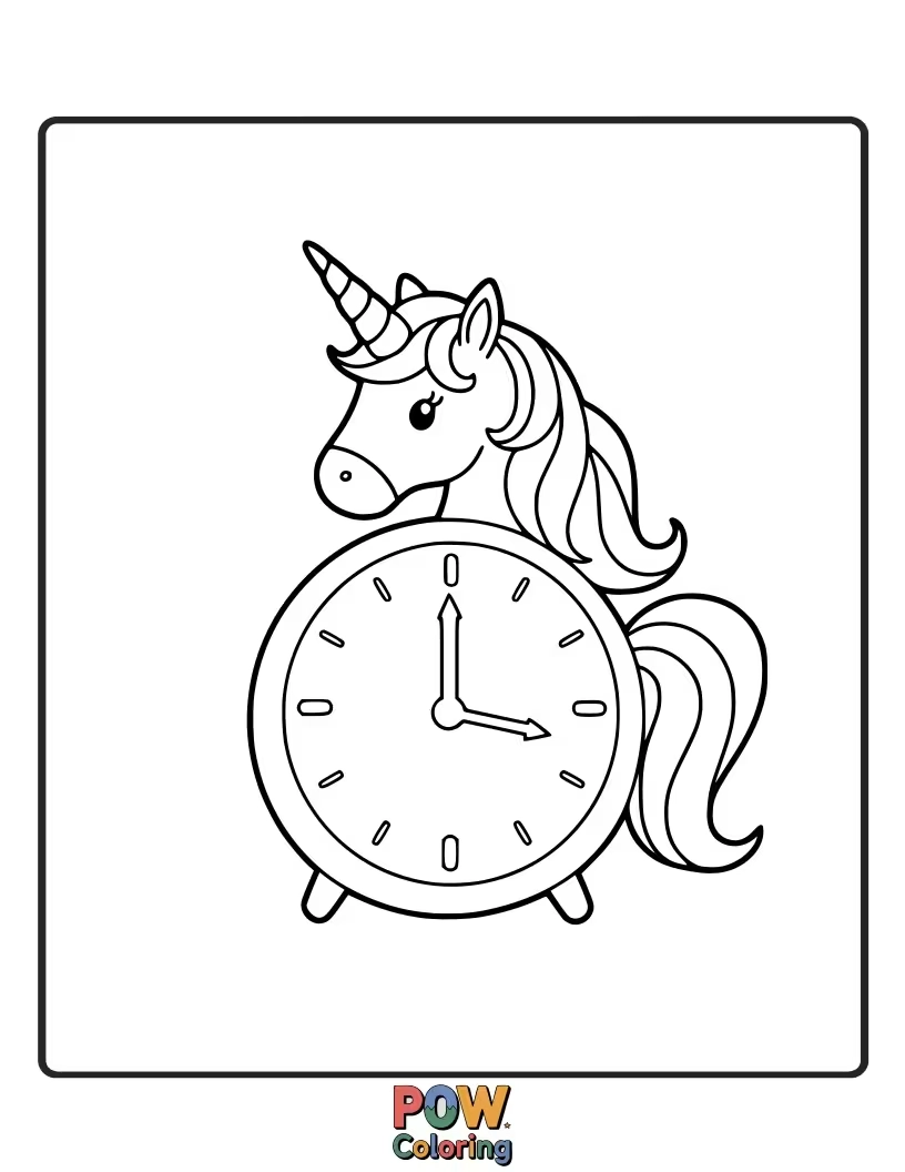 Free coloring page of A magical clock with a majestic unicorn and a vibrant rainbow arching over it.