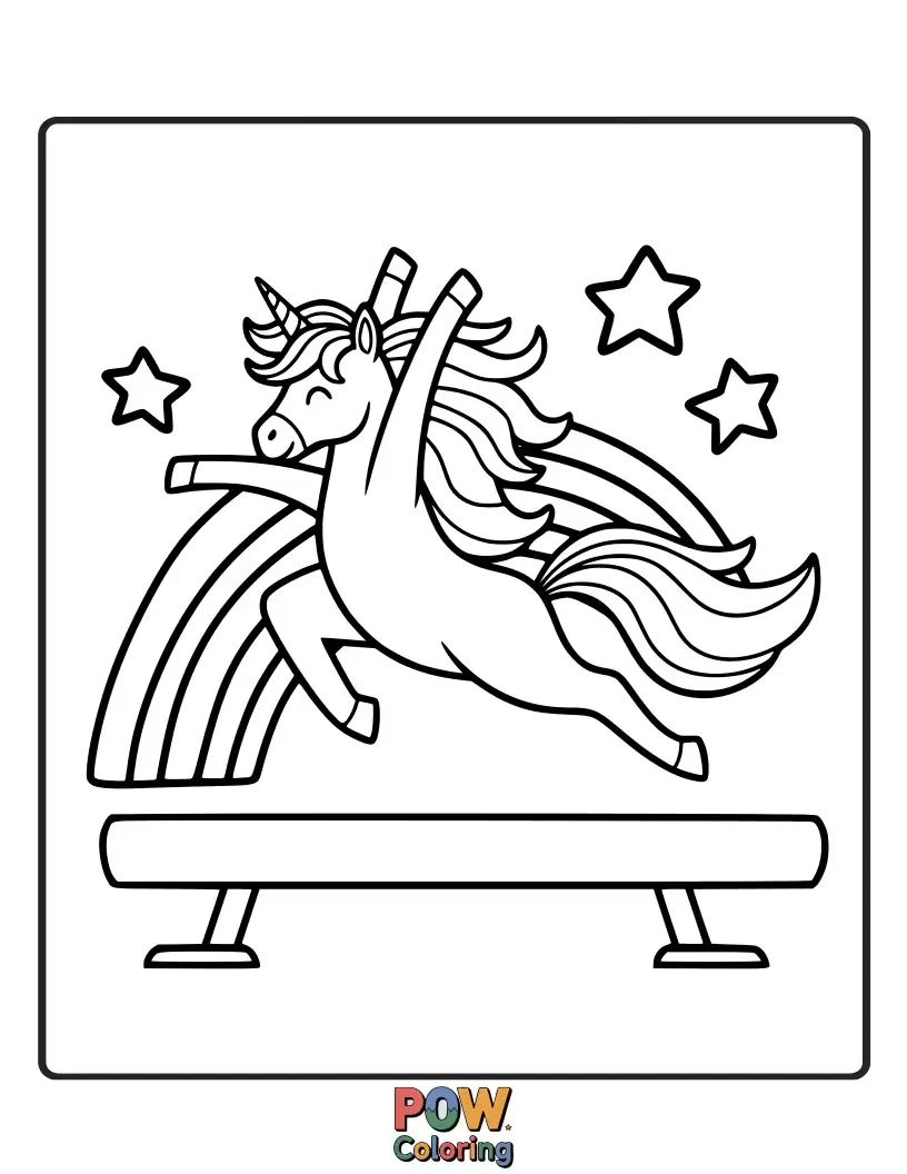 Free coloring page of A magical unicorn with a rainbow mane performing elegant leaps and spins, leaving trails of sparkle.