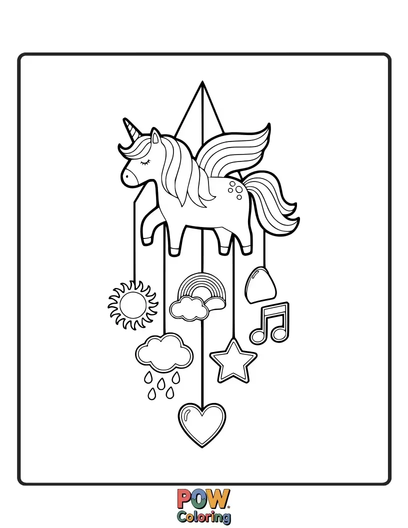 Free coloring page of A majestic unicorn surrounded by shimmering rainbow wind chimes, a magical sight.