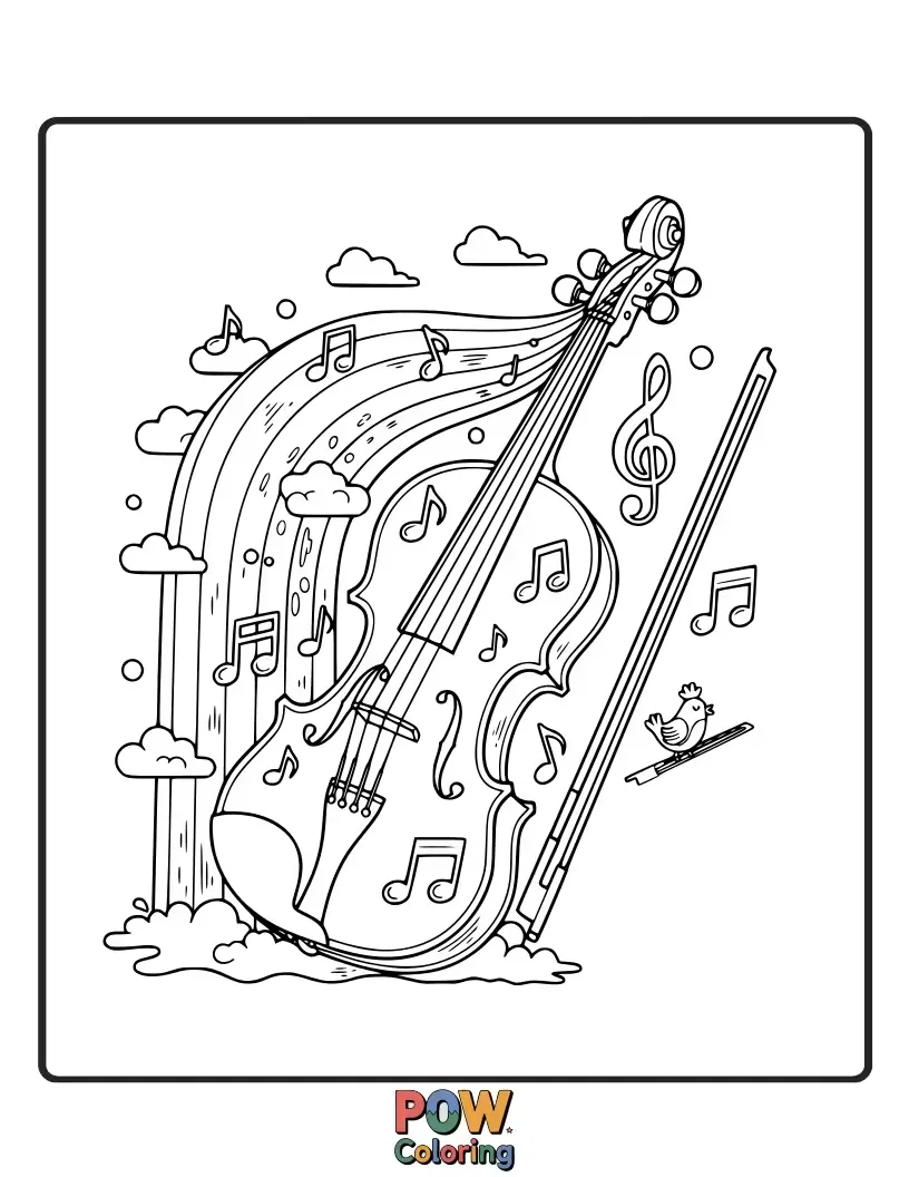 Free coloring page of A vibrant rainbow flows out of a violin, cascading down into a colorful landscape.
