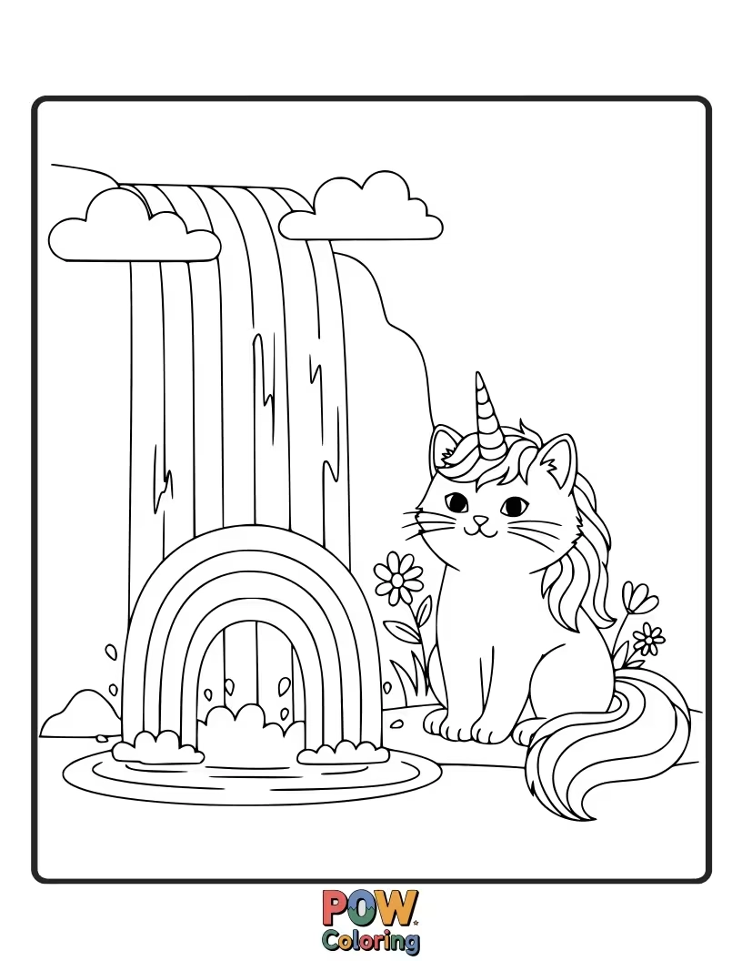 Free coloring page of A magical unicorn cat sitting beside a cascading rainbow waterfall, its horn reflecting the vibrant colors of the water.