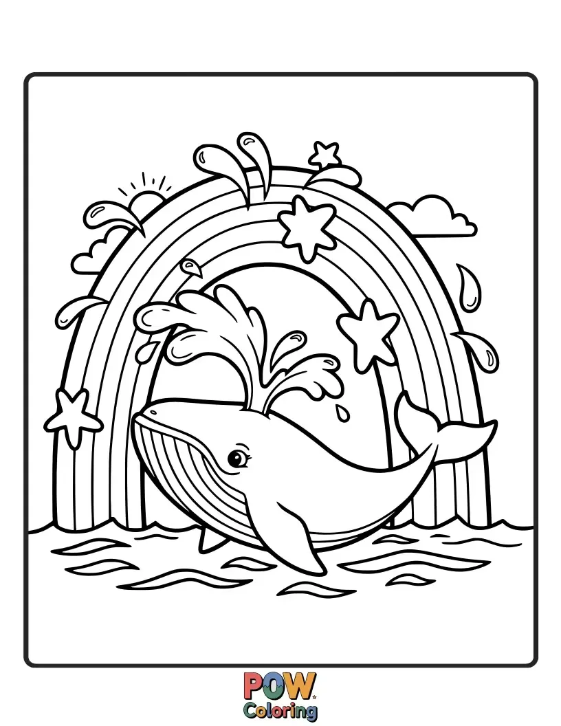Free coloring page of A cheerful whale creating a vibrant rainbow with its mighty spout, illuminating the ocean with colorful arcs.