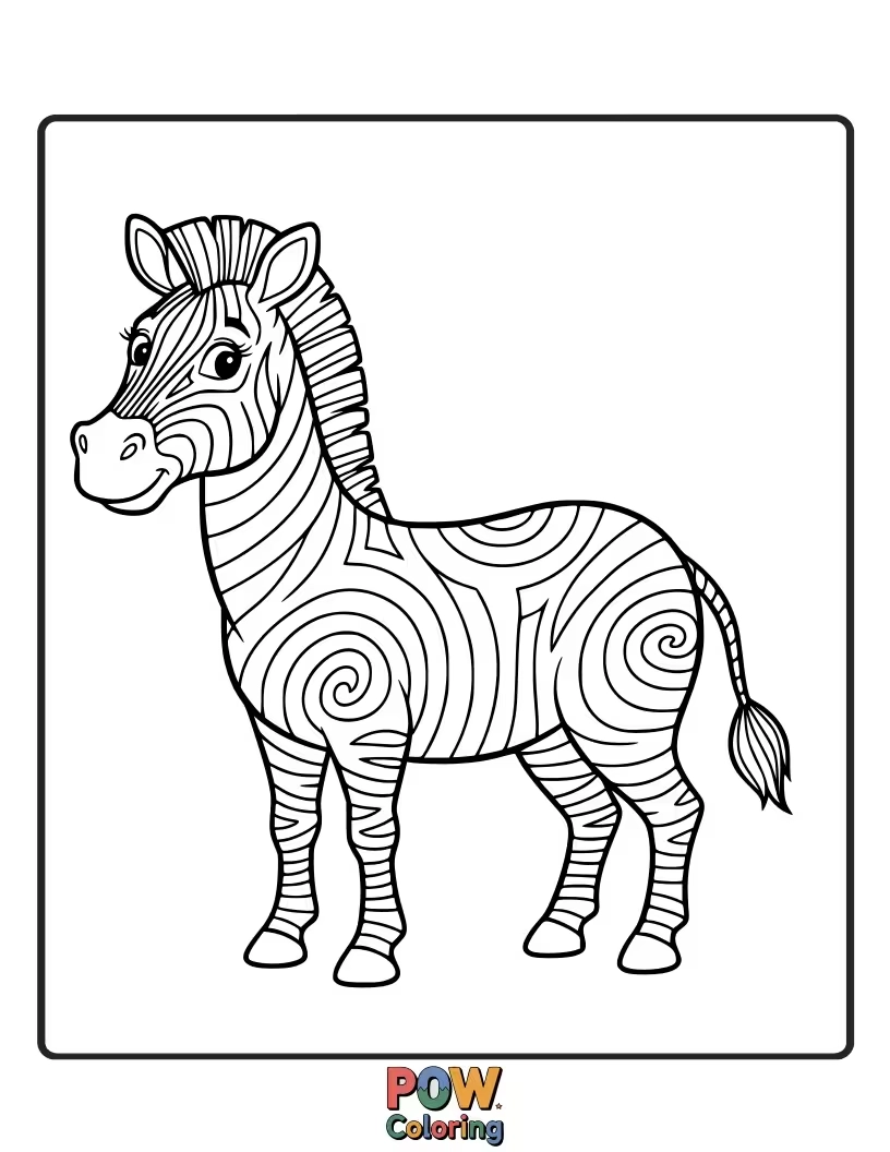 Free coloring page of A whimsical zebra with stripes painted in a vibrant spectrum of rainbow colors, galloping through a field of flowers.