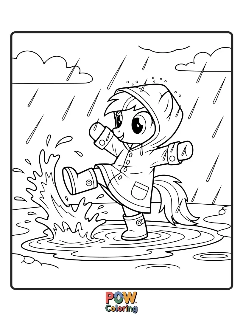 Free coloring page of A cheerful pony in a bright yellow raincoat splashing happily in puddles.