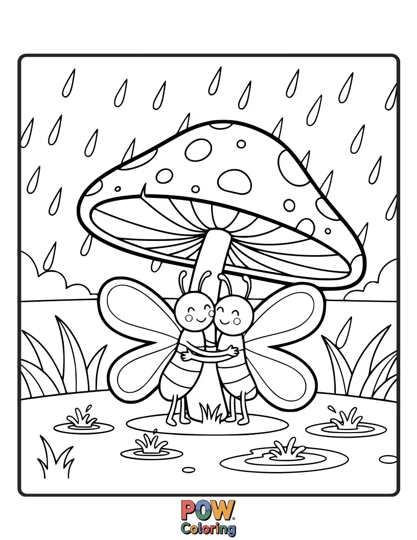 Free coloring page of A shy butterfly hiding under a giant, colorful mushroom, sharing a cozy hug with a friendly ladybug.