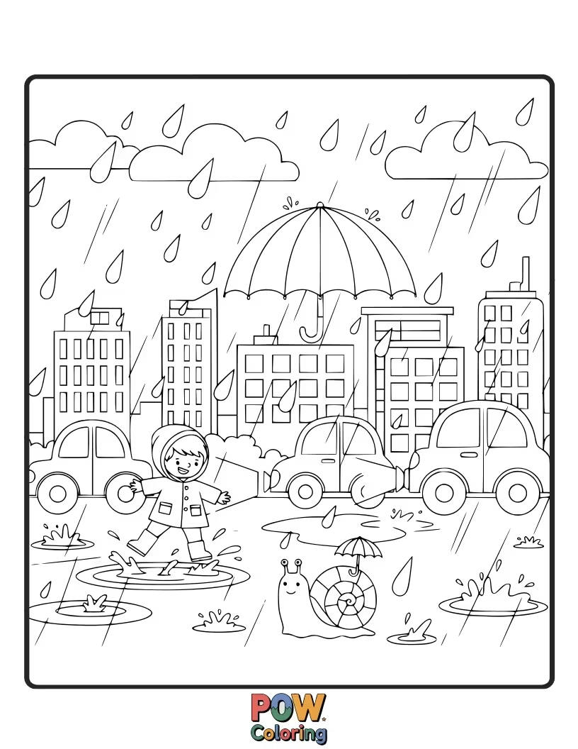 Free coloring page of A cozy city with cheerful umbrellas, puddles, and rainbow reflections. Find joy in a gentle, colorful downpour.