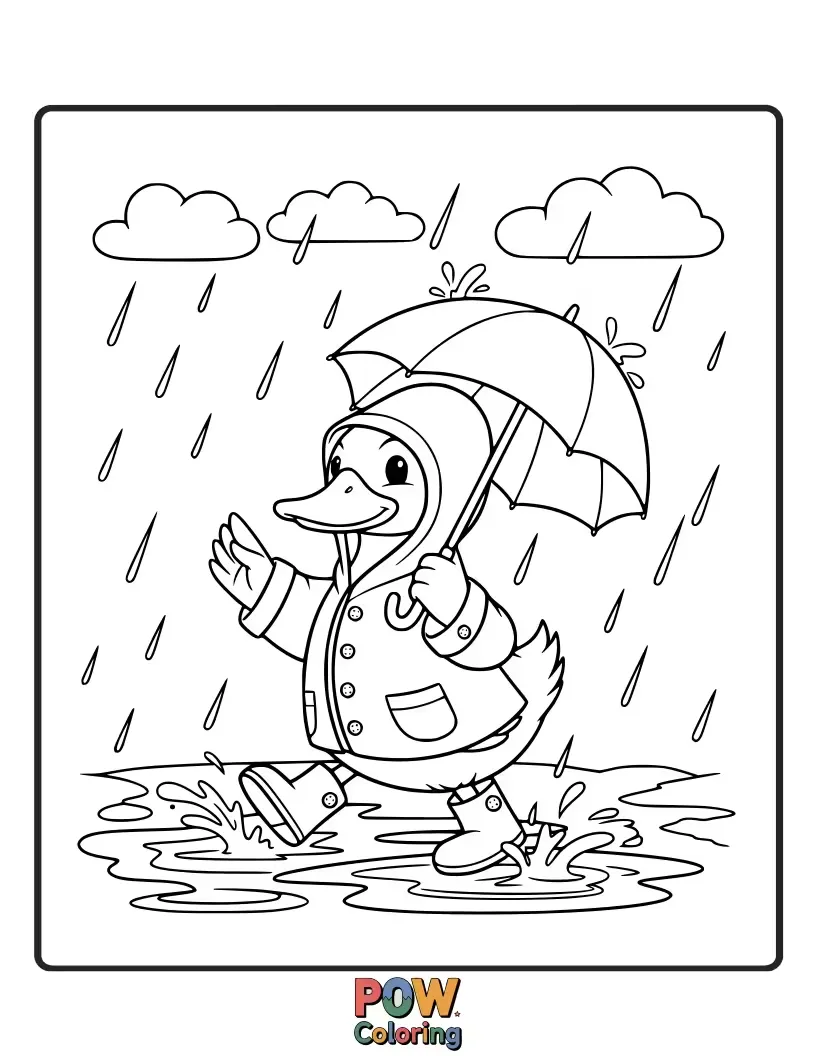 Free coloring page of A cute duck happily splashing in puddles while wearing bright yellow boots and a raincoat.