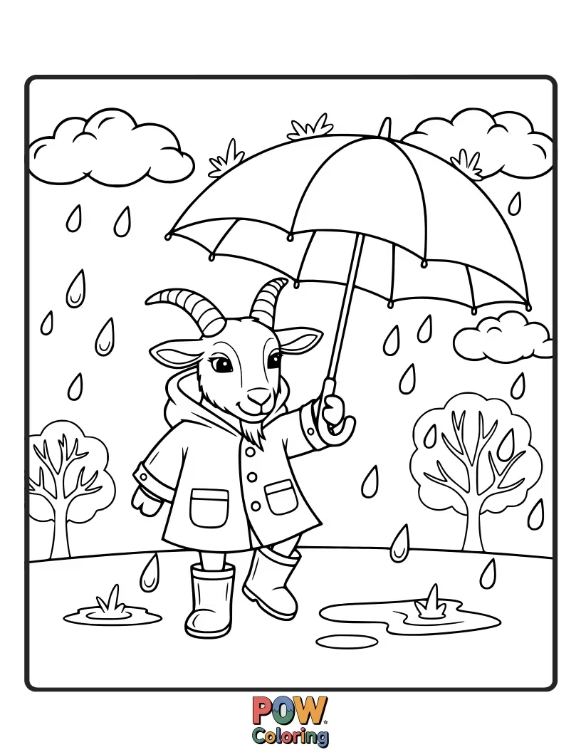 Free coloring page of A cozy goat under a colorful umbrella, watching raindrops create ripples in a puddle, with a cheerful expression.