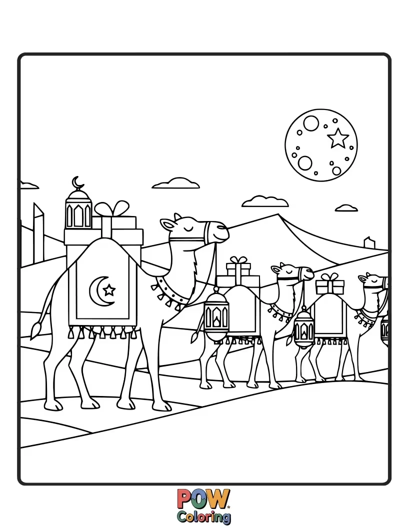 Free coloring page of A whimsical caravan of camels silhouetted against a desert sunset during Ramadan.