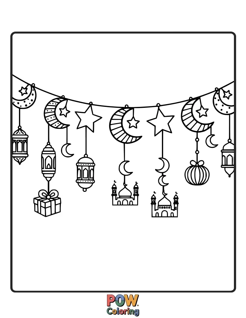 Free coloring page of A festive garland made of mini crescent moons and stars, ready to decorate for Ramadan.