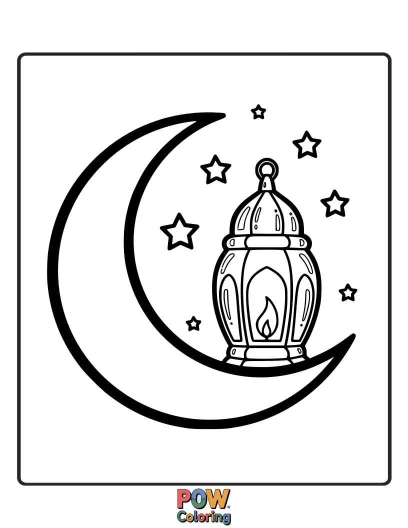 Free coloring page of A unique lamp shaped like a crescent moon, casting gentle shadows, perfect for Ramadan decor.