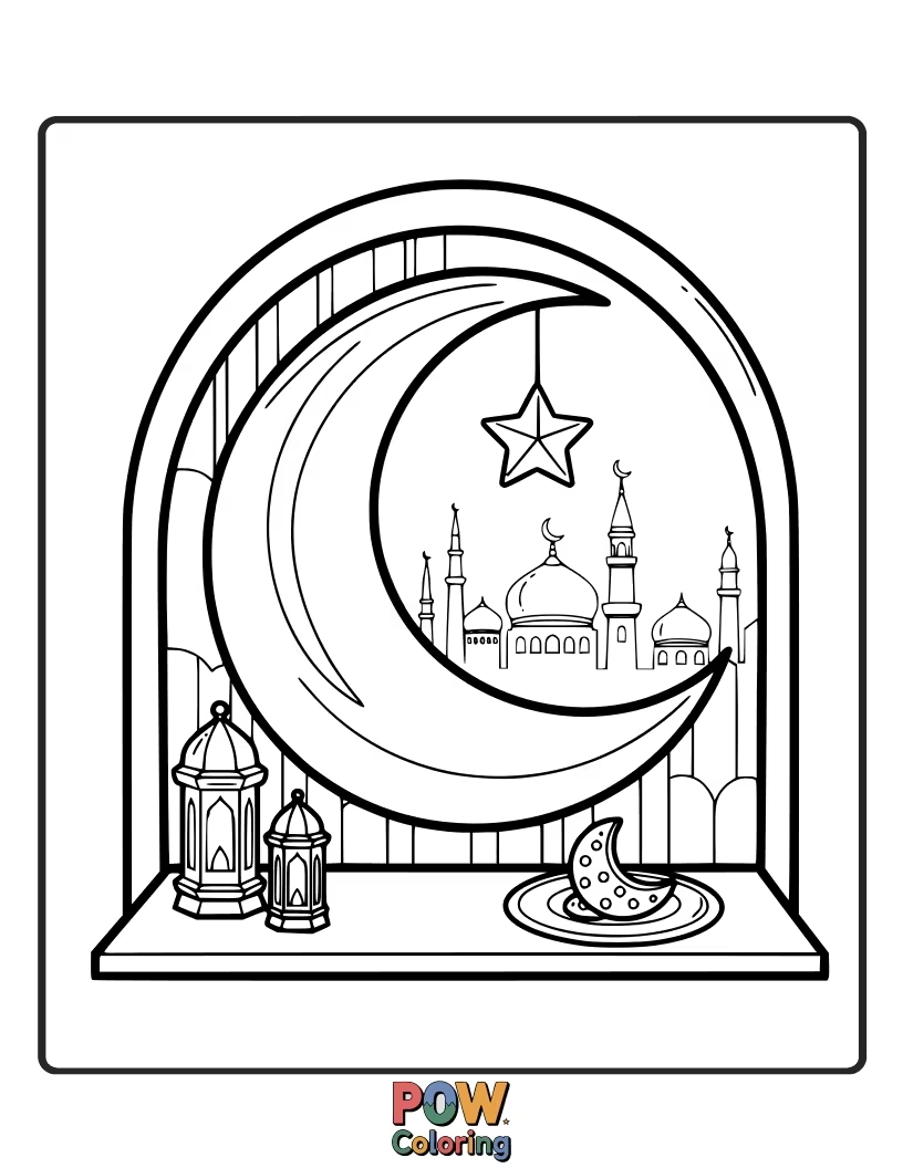 Free coloring page of A window shaped like a crescent moon, looking out onto a peaceful Ramadan night scene.
